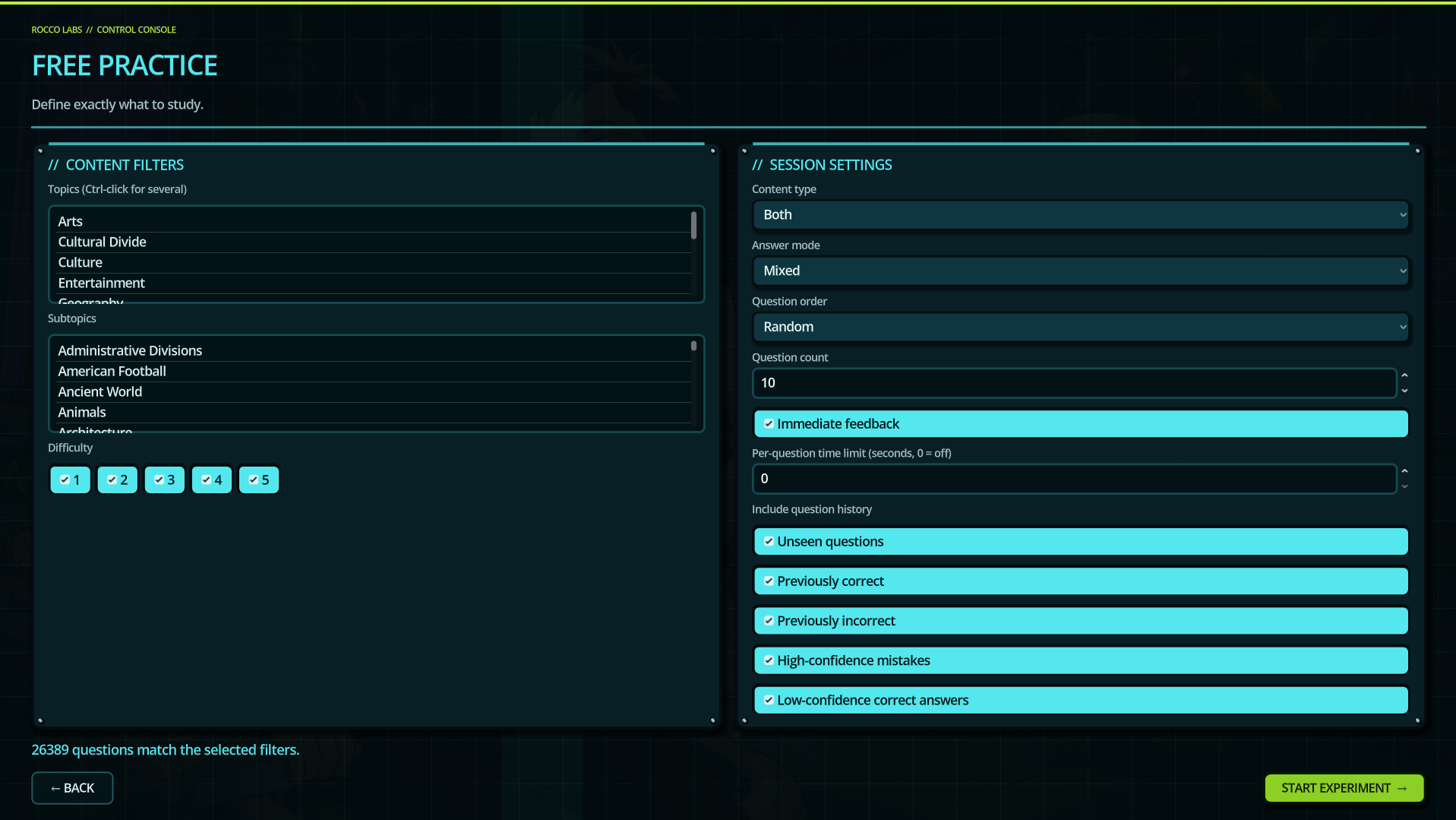 Free Practice setup screen with content filters and session settings