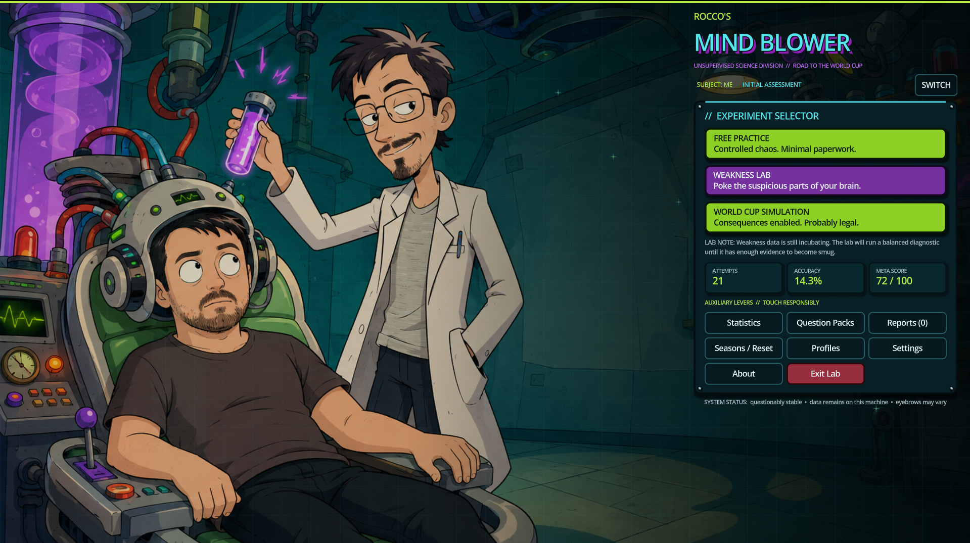 Rocco's Mind Blower main menu showing the experiment selector