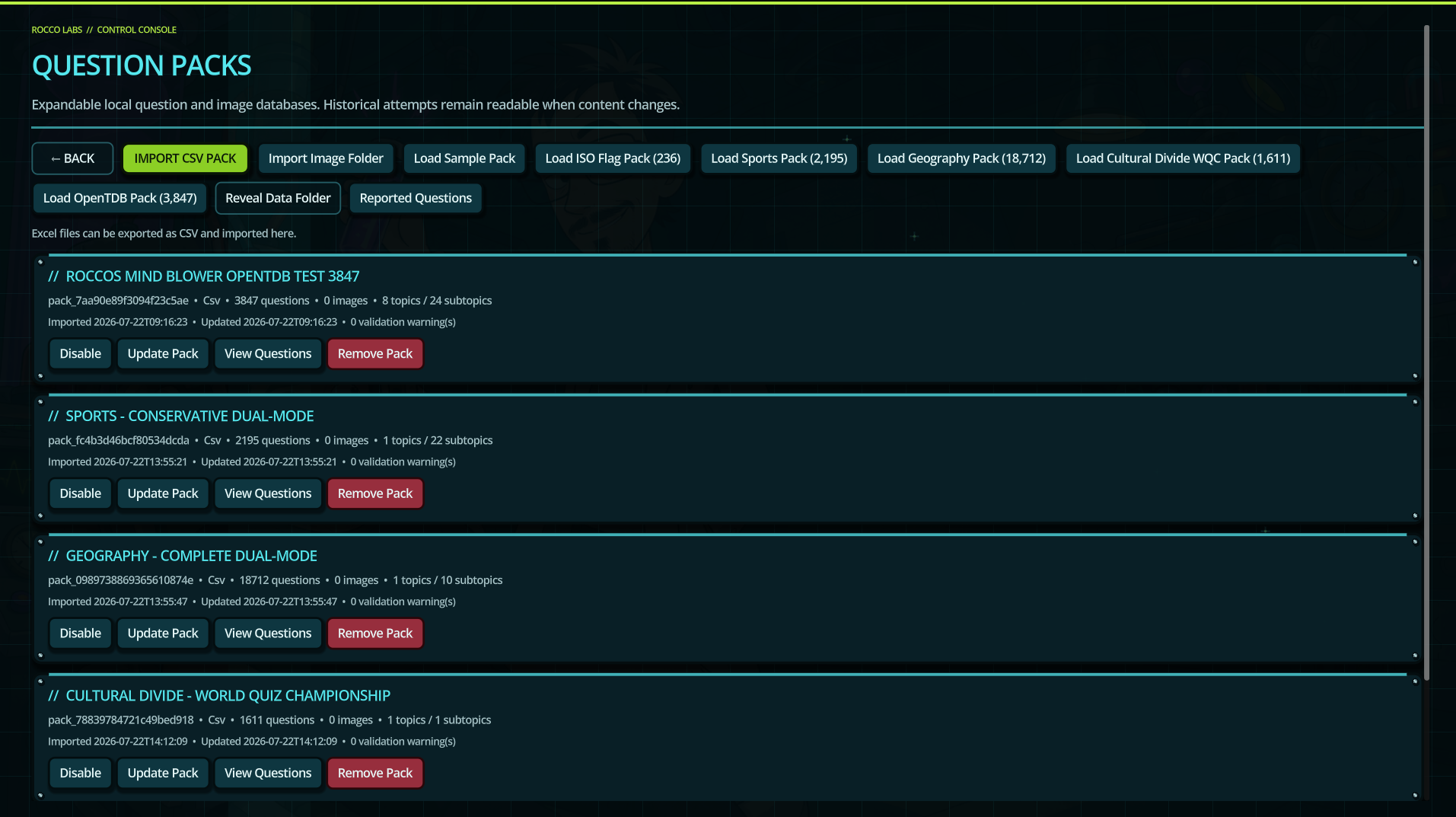 Question Packs screen showing imported local quiz packs