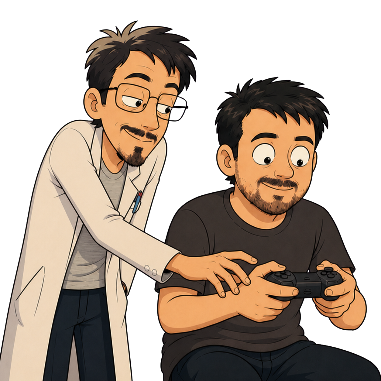 Rocco holding a controller while the scientist reaches toward it